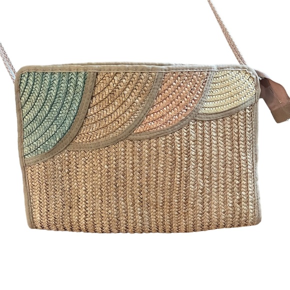 Vintage 70s double sided art straw handbag hand painted floral pastel - Picture 9 of 16